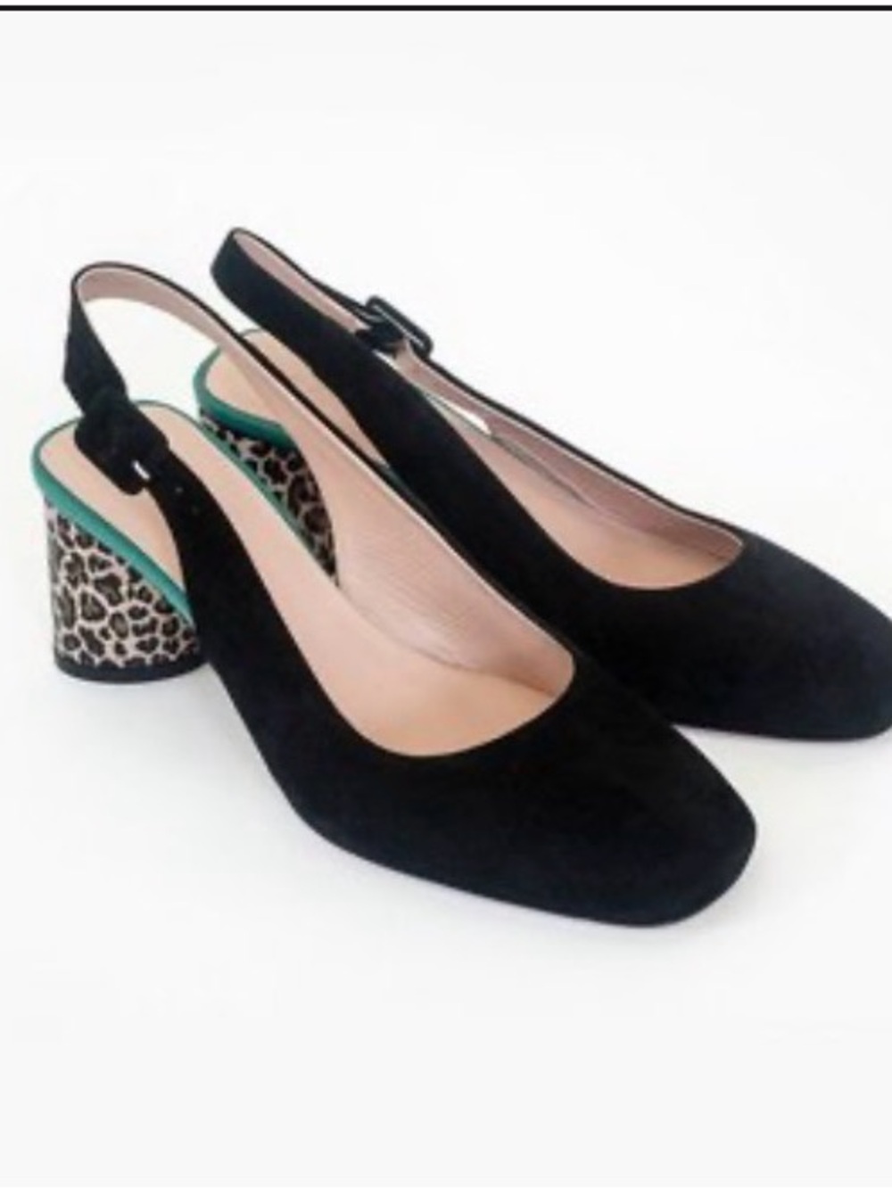 KK Dodds Black Slingback Block Heels with Leopard-Print Accent